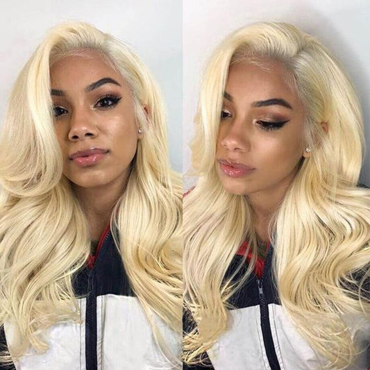 613 Frontal with Bundles 613 Bleached Blonde Human Hair 3 Bundles and Transparent Color Ear to Ear Lace Frontal Brazilian Body Wave 10A Remy Human Hair Extension Can Be Dyed(12 14 16+10)