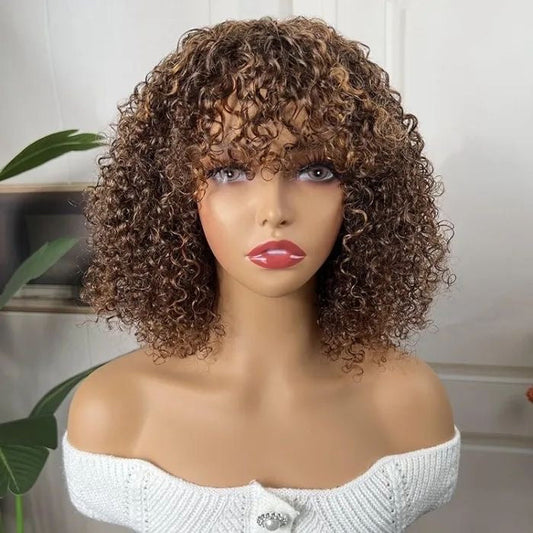 Short Curly Wig Human Hair with Bangs, 12 Inch Water Wave Guleless Bob Wig Wear and Go Kinky Afro Wig for Black Woman Closure Natural Virgin Wig 180% Density
