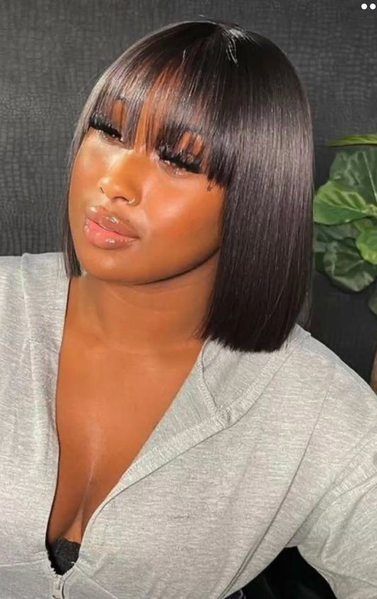  Straight Silky Human Hair Bob Wig With Bangs Realistic Look HD Lace Glueless Wigs Blunt Cut Short Black Bob Wigs With Bangs 100% Brazilian Human Virgin Hair Wigs 180 Density